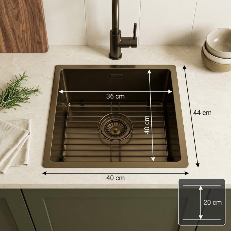 Pure.Sink Luxion PVD Antiek Bronzen spoelbak 36x40 cm onderbouw, vlakinbouw en opbouw  met bodemrek PLX3640-64